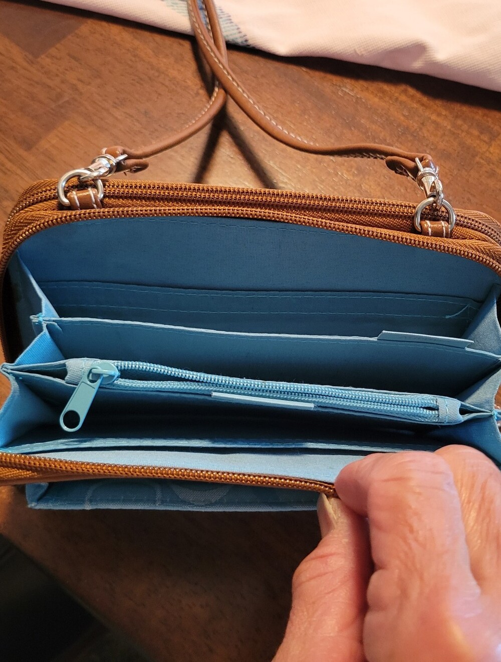 TrevisoTeal Signature Crossbody Wallet with Brown Trim